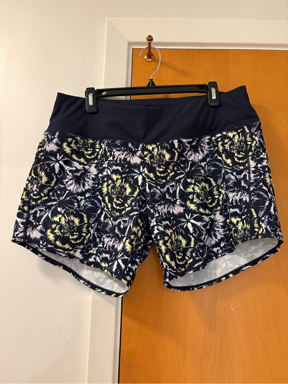 oiselle Navy Floral Athletic Roga Shorts with Yellow Accents